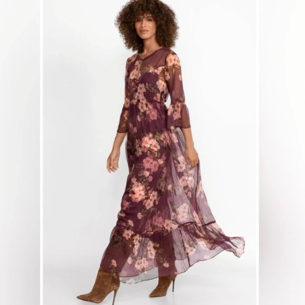 Johnny Was Winonna Maxi Dress Women XL Silk Floral Chiffon Boho Tiered Plum